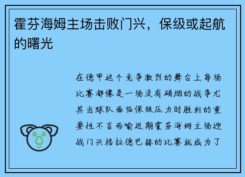 霍芬海姆主场击败门兴，保级或起航的曙光