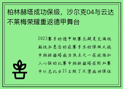 柏林赫塔成功保级，沙尔克04与云达不莱梅荣耀重返德甲舞台