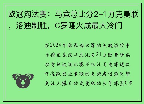 欧冠淘汰赛：马竞总比分2-1力克曼联，洛迪制胜，C罗哑火成最大冷门