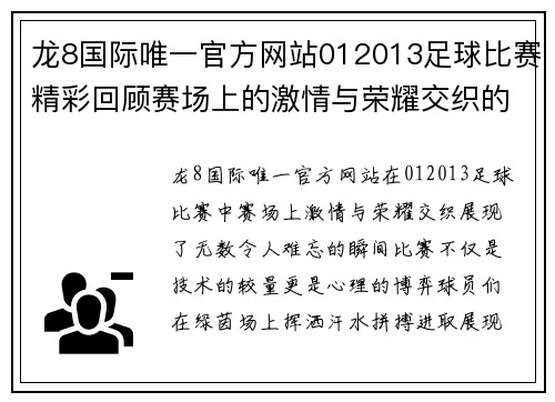 龙8国际唯一官方网站012013足球比赛精彩回顾赛场上的激情与荣耀交织的瞬间