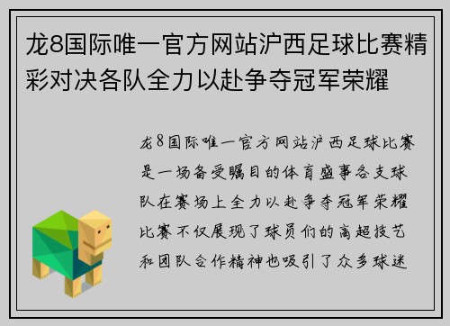 龙8国际唯一官方网站沪西足球比赛精彩对决各队全力以赴争夺冠军荣耀