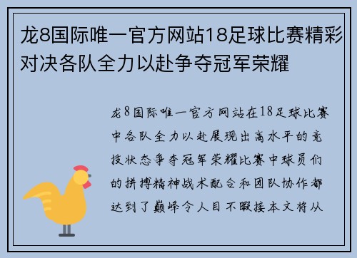龙8国际唯一官方网站18足球比赛精彩对决各队全力以赴争夺冠军荣耀