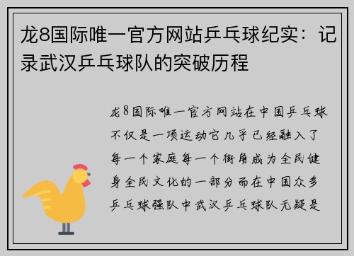 龙8国际唯一官方网站乒乓球纪实：记录武汉乒乓球队的突破历程