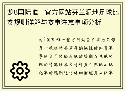 龙8国际唯一官方网站芬兰泥地足球比赛规则详解与赛事注意事项分析