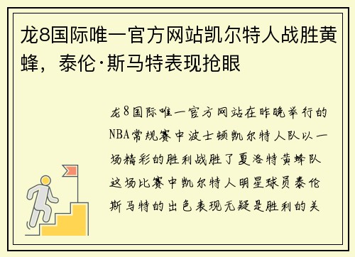 龙8国际唯一官方网站凯尔特人战胜黄蜂，泰伦·斯马特表现抢眼