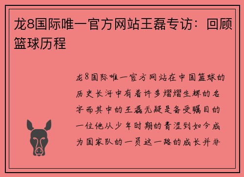 龙8国际唯一官方网站王磊专访：回顾篮球历程